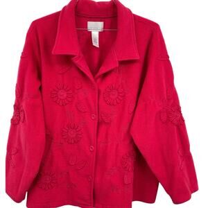 Susan Graver Style Fleece Womens Red Jacket 3D Floral Applique Embroidery S 3XL